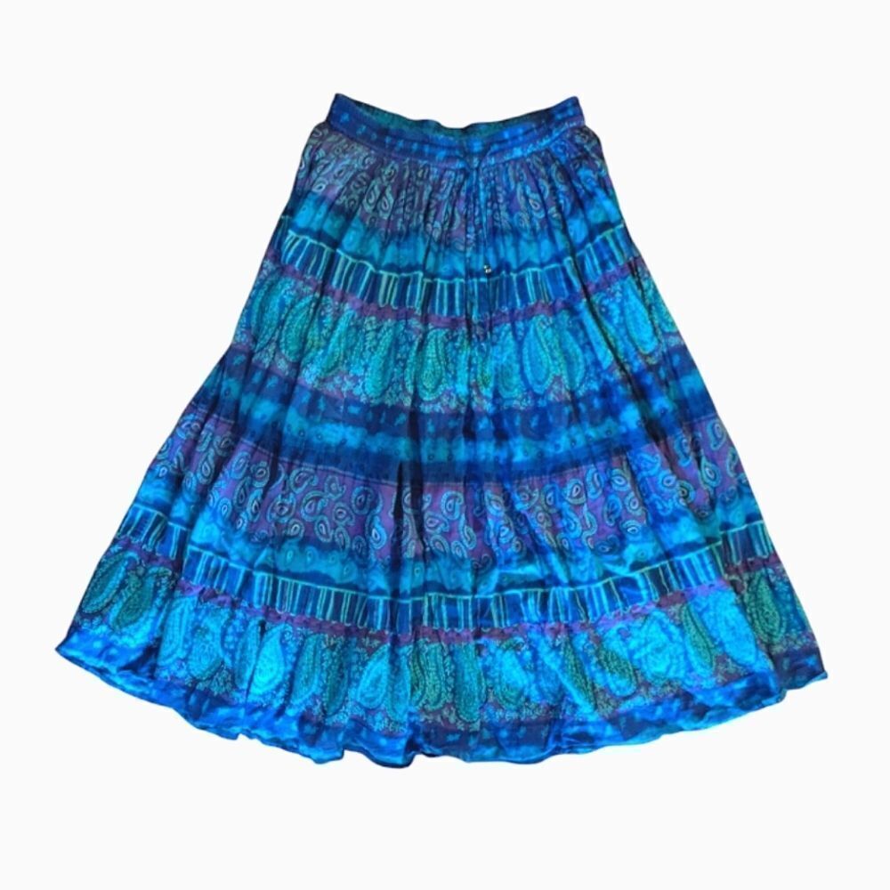 VTG 80s Blue Teal Purple Paisley Print Cotton Broomstick Midi Skirt Medium - Picture 8 of 13